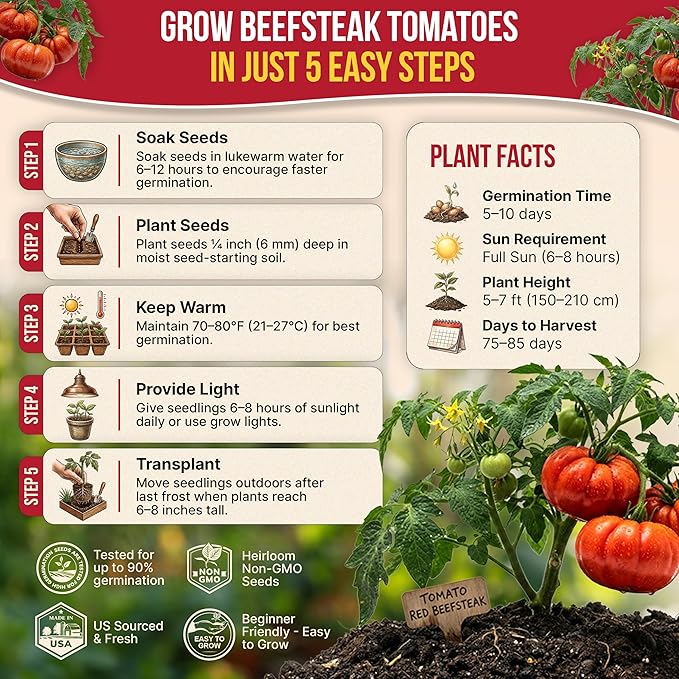 Red Beefsteak Tomato Seeds Pack 0.5 G - Over 250 Non-GMO Heirloom Tomato Seeds for Planting Vegetables in Individual Seed Packet, Vegetable Seeds for Planting Home Garden Indoor & Outdoor Gardening