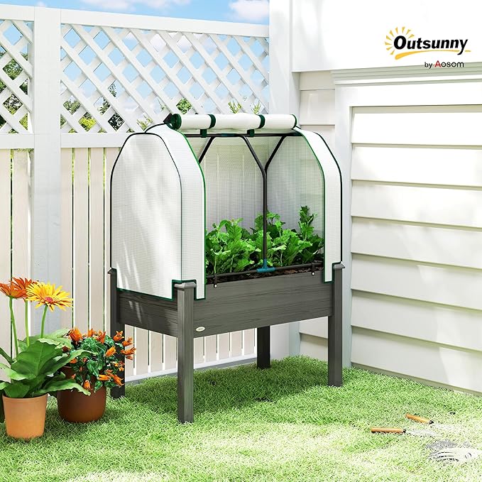 Outsunny Raised Garden Bed with PE Greenhouse Cover Outdoor Elevated Wood Planter Box for Herbs and Vegetables, Use for Patio, Backyard, Balcony, 35 x 22 x 47 inch, Dark Gray