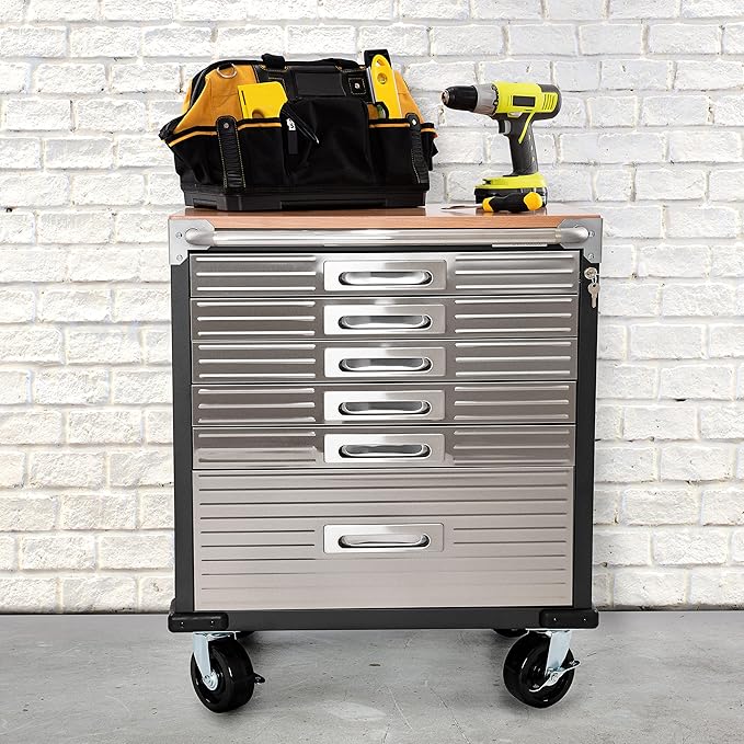 Seville Classics UltraHD Heavy Duty Rolling Cabinet Workbench Table w/Solid Wood Top, Workstation for Garage, Office, Workshop, Graphite, 6-Drawer (28" W x 18" D