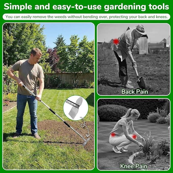 Garden Weed Tool,Portable Gardening Weeder Tool,63" Weeding Tools Gardening Long Handle,Easy Weeding Without Bending or Squatting Down,Suitable for Farm Planting,Gardening(Silver 12 Claws)