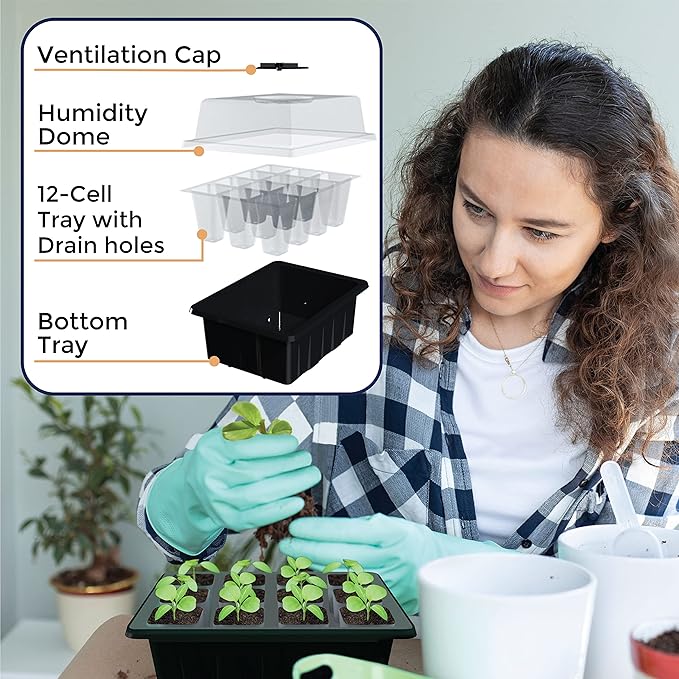 Seed Starter Tray, 10 Pack 12 Cell Seed Starter Kit with Humidity Dome, Reusable Plant Trays for Seedlings, Germination Kit with Humidity Strip for Plant Growing, Starter Pots for Planting