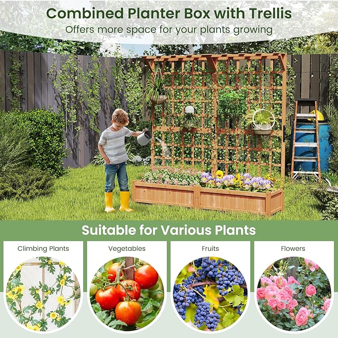 HAPPYGRILL 71" Raised Garden Bed with Trellis, Wood Planter Container w/2 Hanging Roof & Garden Boxes, 4 Drainage Holes, Outdoor Planter Box w/Removable Bottom Plate for Climbing Plants Flowers Vine