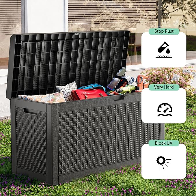 60 Gallon Deck Box,Resin Outdoor Storage Box with Lockable for Patio Furniture, Pool Accessories, Garden Tools, Waterproof Outside Storage Box, Black