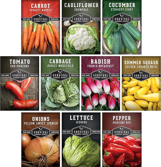Vegetable Seeds for Planting 10 Variety Pack – Heirloom Garden Seed Packs to Grow Tomato, Lettuce, Onion, Cucumber, Squash & Other Vegetables – Non-GMO Family Garden Kit – Survival Garden Seeds