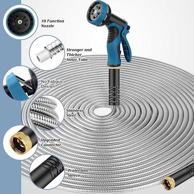 Garden Hose 100FT, Water Hose with 10 Function Nozzle, Garden Hose Metal with Leak-proof Connectors, No-Kink, Lightweight, Puncture-proof, Pet-proof, Sturdy, 550PSI, Hose for Outdoor, Yard