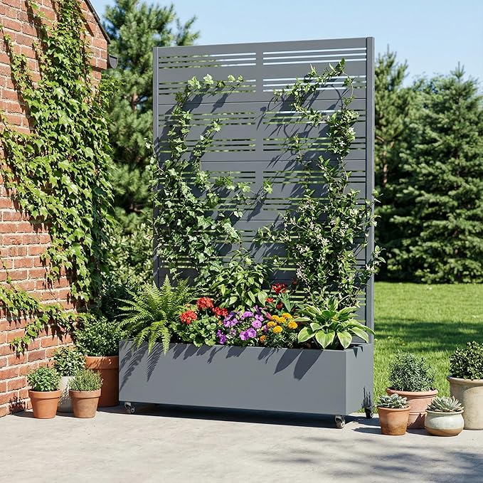 Casaphoria Metal Raised Garden Bed with Trellis and Wheels, 72"x47"x16" Arched Planter Box for Climbing Plants, Vegetables & Vines, Features Drainage Holes and Privacy Screen, Grey-Harold