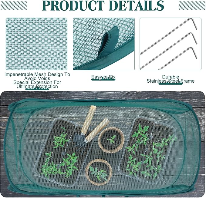 4 Pcs 45'' x 20'' x 18'' Pop up Garden Rows Plants Cover Vegetable Mesh Plant Protector Net Cage Guard with Ground Nails for Protecting Vegetable Fruit Seedling from Animal (Dark Green)