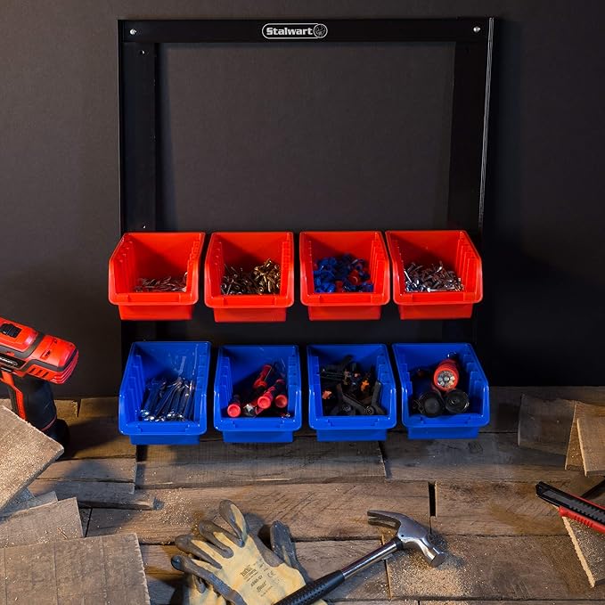 8 Bin Storage Rack Organizer- Wall Mountable Garage Shelving with Removeable Bins for Tools, Hardware, Crafts, Office Supplies and More by Stalwart