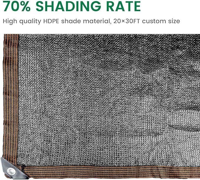 70% 20 X 30 FT Black Shade Cloth, Outdoor Sunblock Shade Cloth with Grommets, Durable Sun Shade Netting Shading Antifreezing for Patio, Garden, Plants Cover, Greenhouse, Barns, Dog Kennel