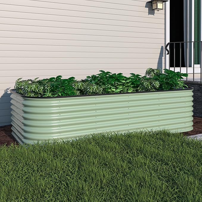 MUPATER 8x4 FT Raised Garden Bed, 24''H Galvanized Metal Planter Box, Modular Kit with 3 Aluminum Support Rods, Large Outdoor Container for Vegetables Flowers, Olive Green