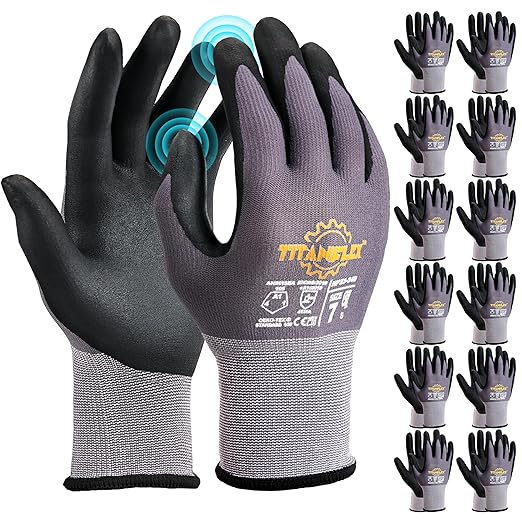 TitanFlex Work Gloves Microfoam Nitrile Coated Men Women-12 Pairs, Safety Warehouse Gloves Mens Working Glove with Grip Heavy Duty, Touchscreen, Seamless Knit Nylon for Automotive, Garden (Large)