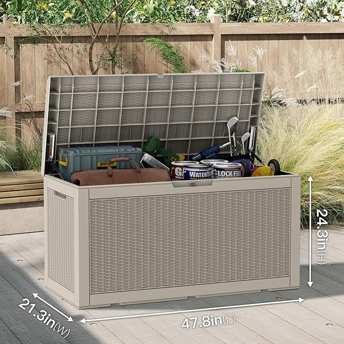 Mars Villa 100 Gallon Outdoor Storage Box, Resin Deck Box Waterproof for Patio Furniture Cushions, Pool Supplies, Gardening Tools, Weatherproof and UV Resistant, Greige