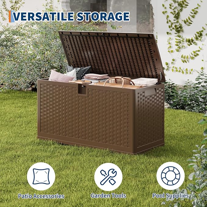 GarveeLife 73 Gallon Resin Deck Box, Weatherproof and UV Resistant Outdoor Storage Box, Lockable Outdoor Storage Bin for Patio Cushions, Garden Tools, Pool Supplies, Package Delivery, Brown