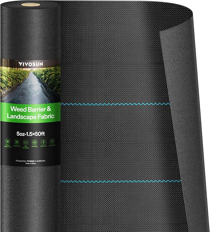 VIVOSUN Premium Weed Barrier Landscape Fabric Heavy Duty, 1.5ftx50ft 5oz Double-Layered Weed Control Mat with High Permeability, Commercial Ground Cover, Easy Set up & Superior Weed Control