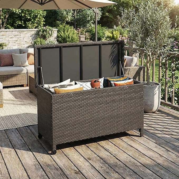 Wicker Deck Box, 125 Gallon All-Weather Outdoor Storage Box, Rattan Storage Bin for Patio Furniture, Outdoor Cushions, Pool Storage and Garden Tools, Brown