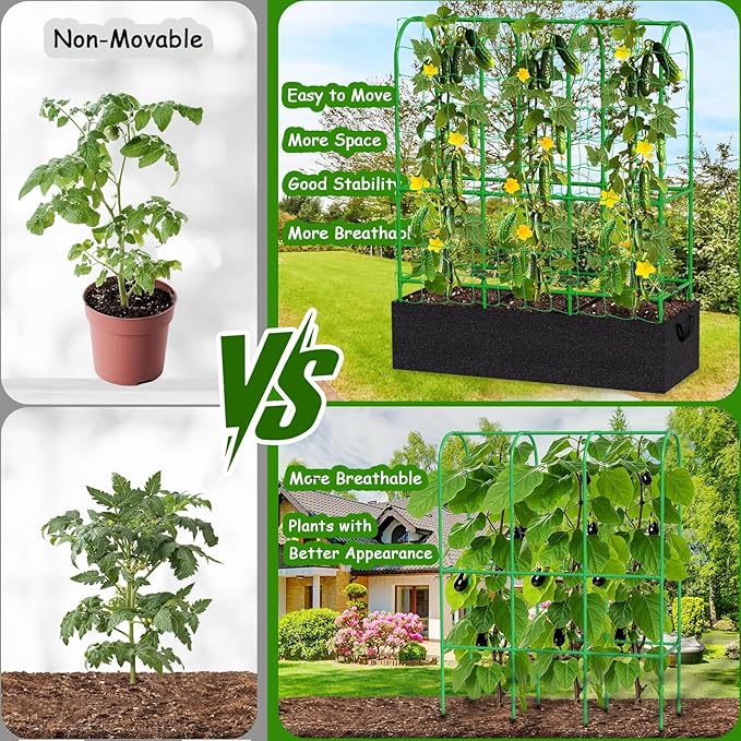 65"H x 50"W Cucumber Trellis with Grow Bag & Netting, U-Frame Metal Plant Support, Heavy-Duty Steel & Plastic, Green & Black, Rectangular, Climbing Plant Support Structure