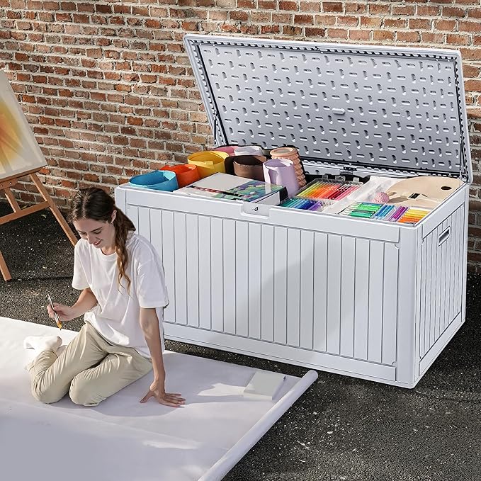 DWVO 260 Gallon Double-Wall Deck Box with Divider, XXL Extra Large Resin Outdoor Storage Box, Lockable & Waterproof, Double as Seating, 1000lbs Capacity (Grayish-White)