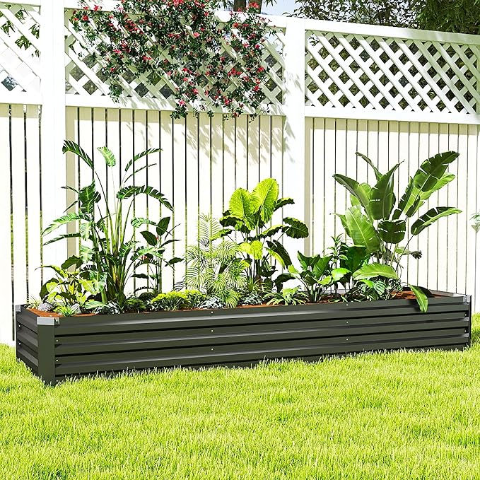 Outsunny 8 x 2 x 1ft Galvanized Raised Garden Bed Kit, Outdoor Metal Elevated Planter Box with Safety Edging, Large Raised Bed for Growing Flowers, Herbs and Vegetables, Dark Gray