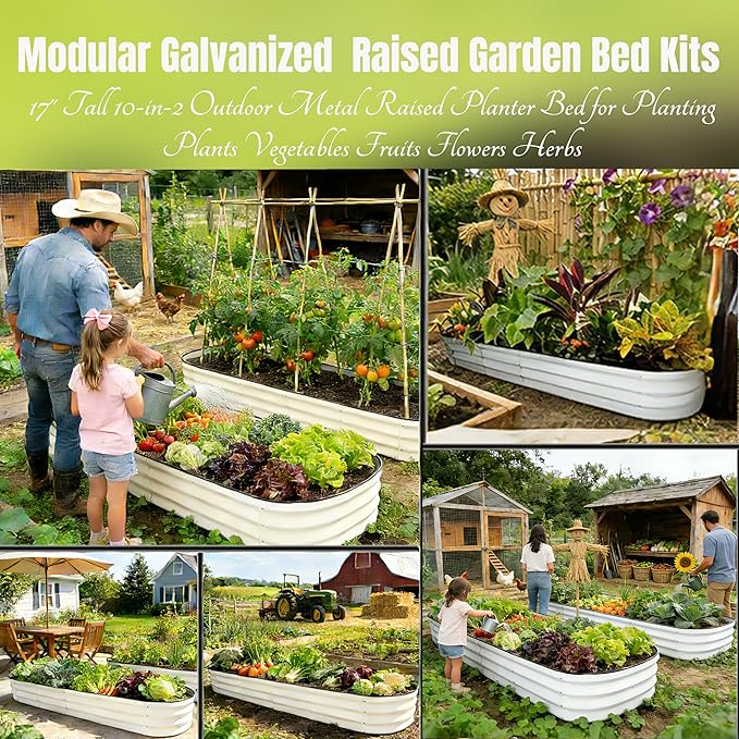 2 Pack 17" Tall 10-in-2 Hevay-Duty Modular Galvanized Raised Garden Bed Kits-8ftX2ft Raised Flower Beds,Metal Raised Beds for Planting Plants Vegetables Fruits Flowers Herbs-Ground Planter Box