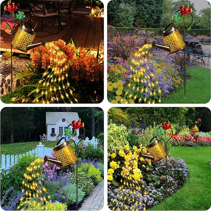 Mothers Day Gifts Solar Lights Outdoor, Watering Can with Cascading Lights, Watering Can with Hook Solar Lantern, Gardening Decor for Yard Patio, Gardening Gifts for Mom Grandma Women (2 Pack)