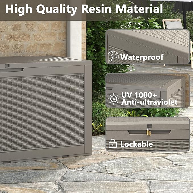 Oudoor Storage Deck Boxes Waterproof, Waterproof and UV Resistant Outdoor Storage Box Lockable Lid for Delivery Box, Indoor, Garden Tools, Pool Supplies, Patio (Grey, 110 Gallon)