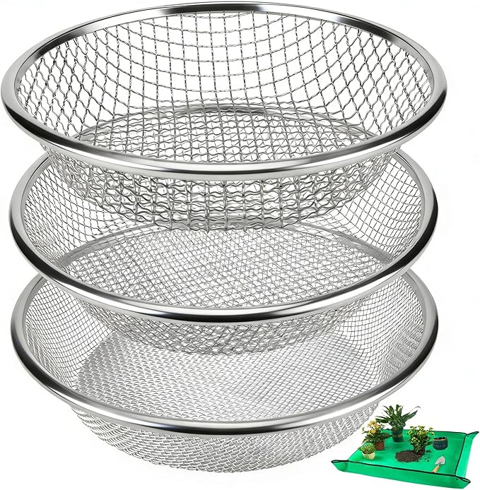 3PACK Soil Sifter for Gardening - Rock Sand Dirt Compost Sifter Fits 5-Gallon Buckets 1/4 Inch, 1/8 Inch, 3/8 Inch Mesh Sieve for Gravel, Dirt, Sawdust with Repotting Mat