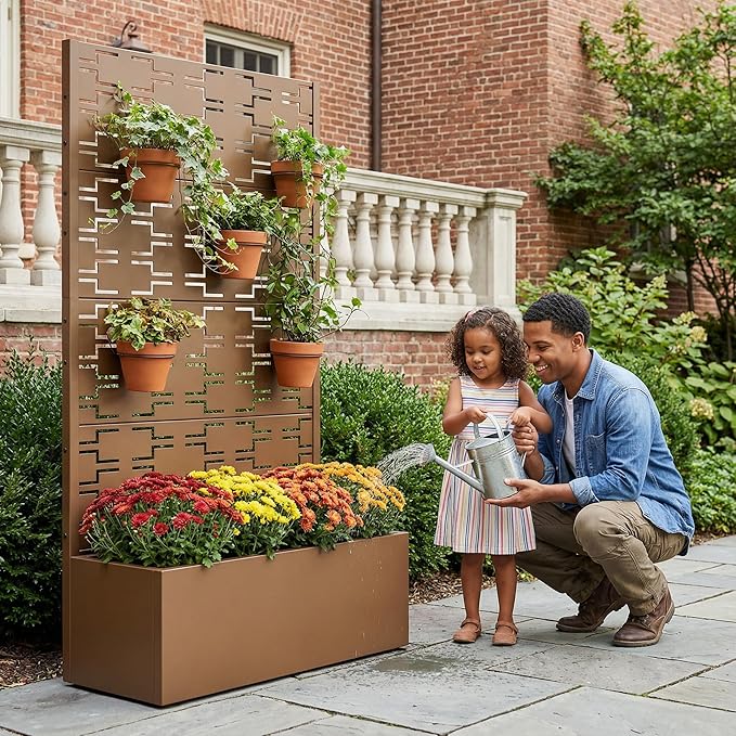Casaphoria Metal Raised Garden Bed with Trellis, 59"x30"x12" Planter Box for Climbing Plants, Vegetables & Vines, Features Drainage Holes and Privacy Screen, Brown-Brick