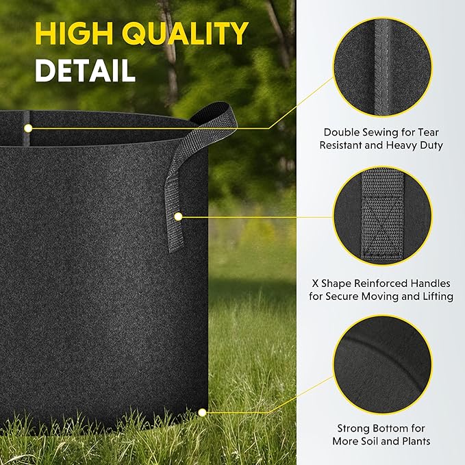 iPower 5-Pack 25 Gallon Plant Grow Bags Thickened Nonwoven Aeration Fabric Pots Heavy Duty Durable Container, Strap Handles for Garden, Black