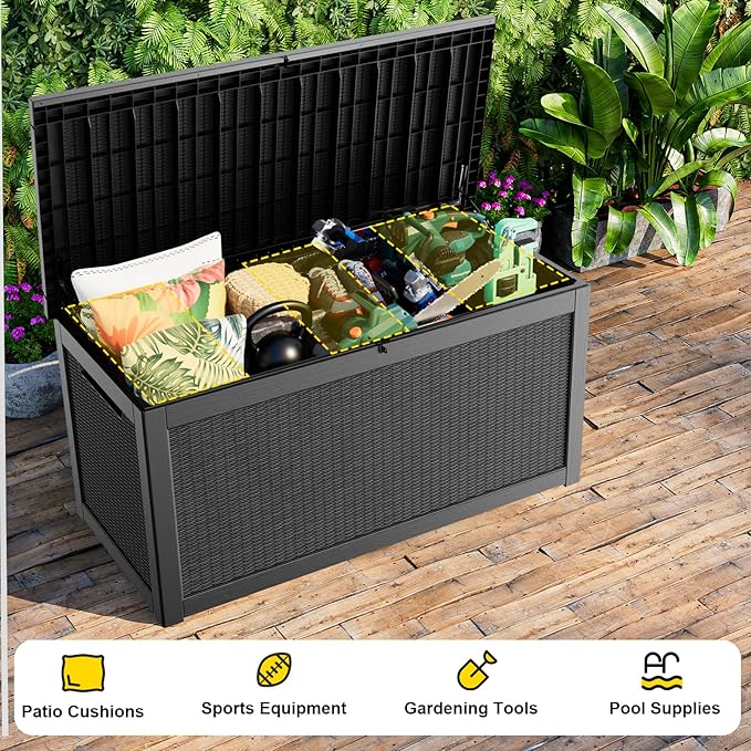ROJIK 320 Gallon Waterproof Outdoor Deck Storage Box, Lockable Resin Patio Storage Bin with Lid for Garden Tools, Patio Cushions & Outdoor Accessories(Black)