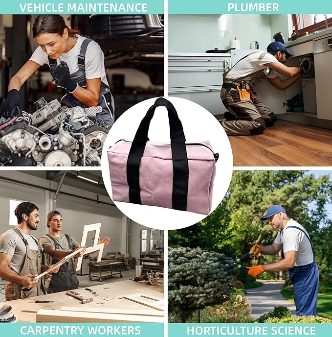 BLIRITEL 14 Inch Wide Mouth Tool Bag, Heavy Duty Canvas Tool Storage Bag, Large Capacity Handbag, Multi-function Tool Organizer Tote Bag for Storage Wrenches Pliers (Pink, 14 Inch)
