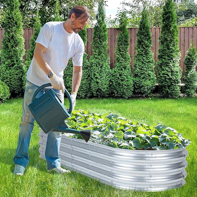 Aoodor Galvanized Raised Garden Bed Kit, 6 x 2 x 1 Ft, Oval Planter Boxes for Vegetables, Flowers, and Herbs, Outdoor Use, Silver