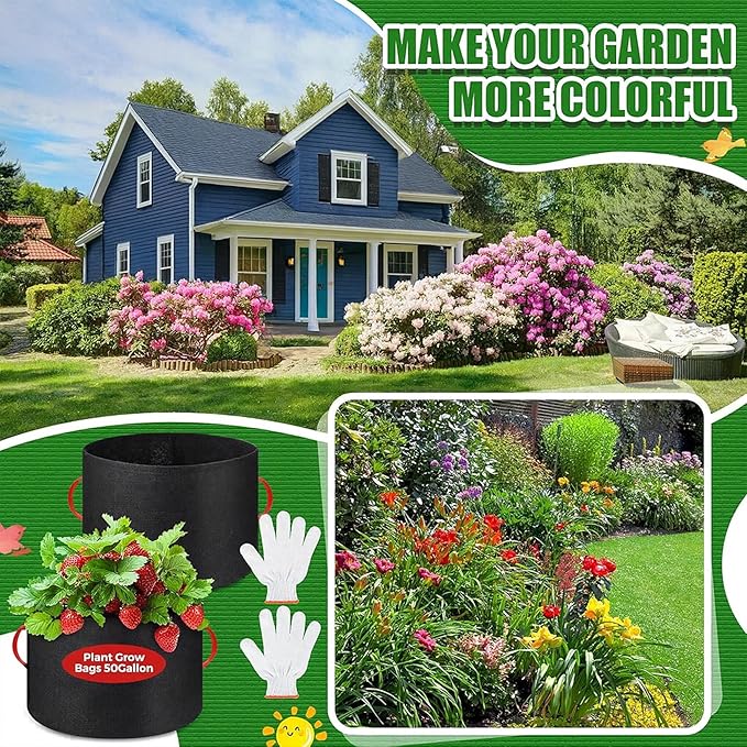 10 Pcs 50 Gallon Nonwoven Fabric Plant Grow Bags with Handles and 10 Pairs of Gardening Gloves for Vegetables Flowers Trees Container Planting Outdoor Garden Use