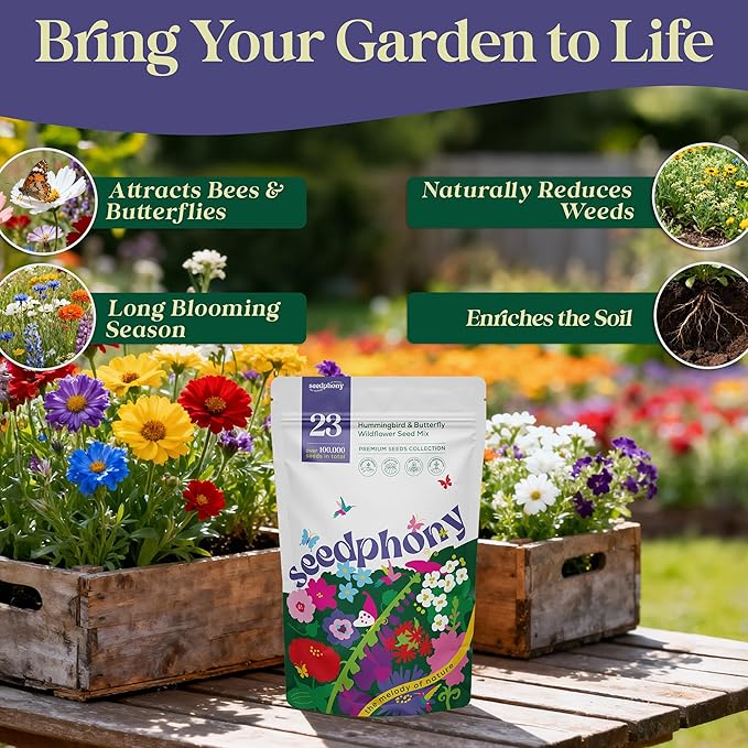 23 Wildflower Hummingbird & Butterfly Mix 4 oz - 100,000 Non-GMO Heirloom Wildflower Seeds for Planting Garden, Perennial Flowers to Attract Bees, Butterflies & Birds in Waterproof Packet