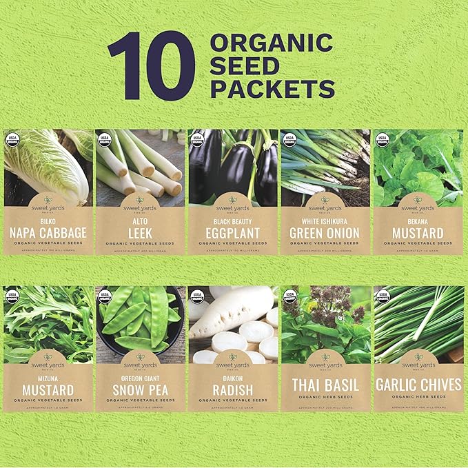 Organic Asian Garden Seeds Variety Pack - 10 Individual Packs - 2026 Season - Thai Basil, Bekana Mustard, Daikon Radish and More! for Indoor & Outdoor Planting (Non-GMO, Certified Organic)