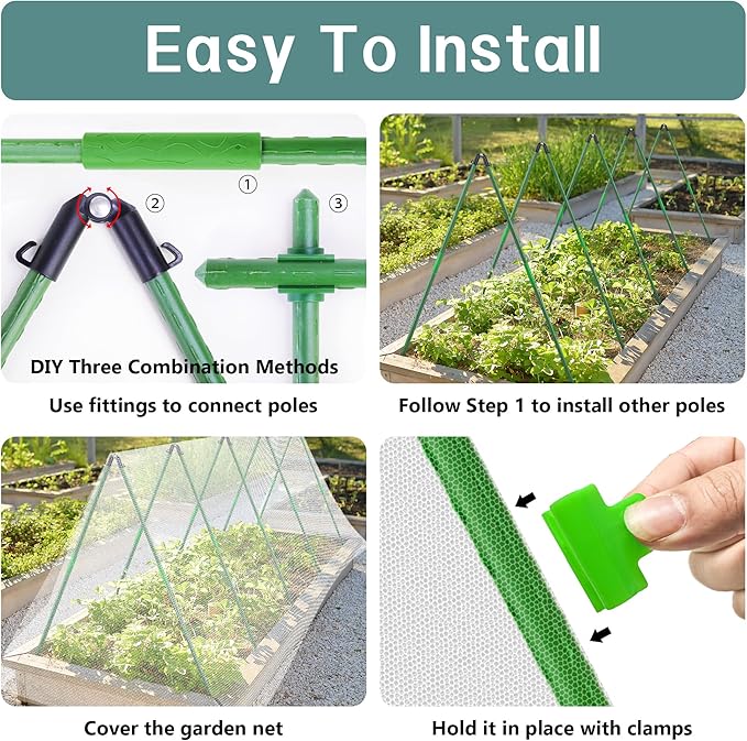 U0U Garden Mesh Netting Kit,Garden Netting Kit for Raised Beds,7.8 x 24 Ft Ultra Fine Mesh Net with Garden Hoops,Bird Netting Protection for Vegetable Plants Birds Animals Protection (White)