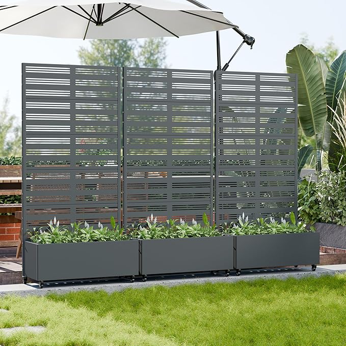 Casaphoria Metal Raised Garden Bed with Trellis and Wheels, 72"x35"x16" Planter Box for Climbing Plants, Vegetables & Vines, Features Drainage Holes and Privacy Screen, Grey-Harold