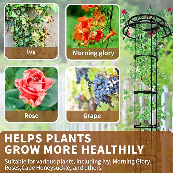 4-Ring Mushroom Top Trellis for Climbing Plants, 65 Inch Tall Adjustable Plant Support for Outdoor Indoor Garden, Sturdy Metal Core with Plastic Coating, Black