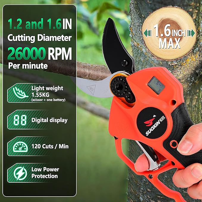 25V Electric Pruning Shears, Suoxin 1.6" Cutting diameter Brushless Cordless Tree Pruner with LCD Display, 2×4.0Ah Batteries, SK5 Blade – Professional Garden Tool for Thick Branches