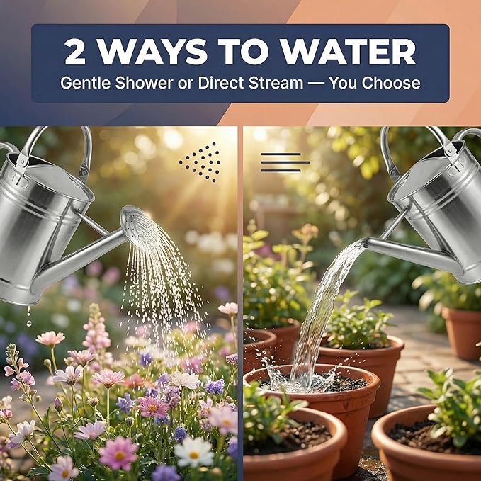 Gardenised 1 Gallon Galvanized Metal Watering Can with Removable Long Spout & Sprinkler Head for Indoor & Outdoor Use Ideal for Garden Flowers Plants Houseplants Modern Home Accessories, Silver- Tone