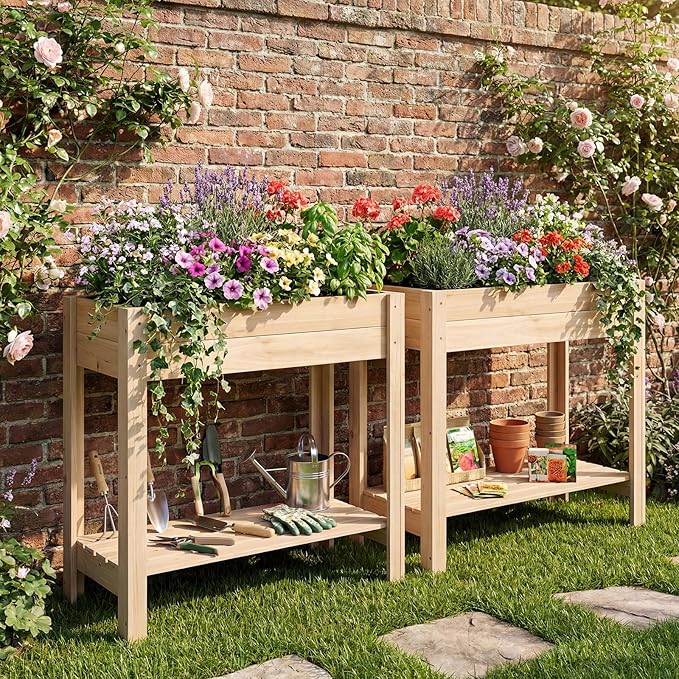 Giantex Wood Raised Garden Bed w/Lower Shelf, Planter Box with Legs for Flower Herb Vegetable Fruit, Indoor Outdoor Elevated Raised Beds for Gardening, Backyard, Patio, Balcony