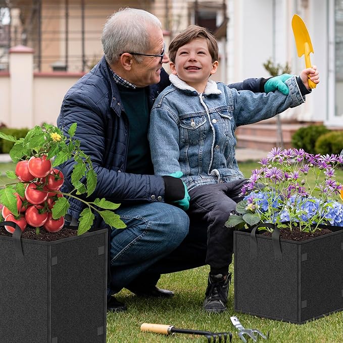 YSSOA Square Grow Bags 5 Pack 5 Gallon Heavy Duty, Thick Nonwoven Fabric Pots Cubic with Handles and Plant Stake Loops, Aeration Reusable for Garden Growing Fruits, Vegetables and Flowers, Black