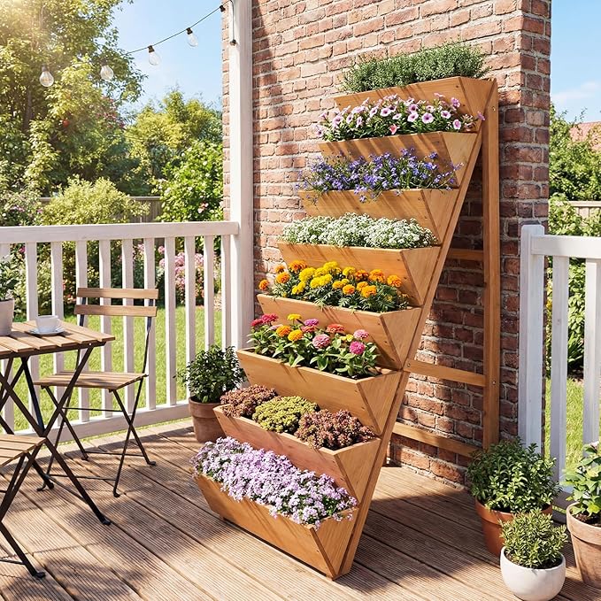 HAPPYGRILL Vertical Raised Garden Bed, Freestanding Wood Elevated Planter Box w/Legs for Growing Vegetables Flowers Herbs, Indoor Outdoor Tiered Plant Stand for Patio Yard Balcony Corner (1,8-Tier)