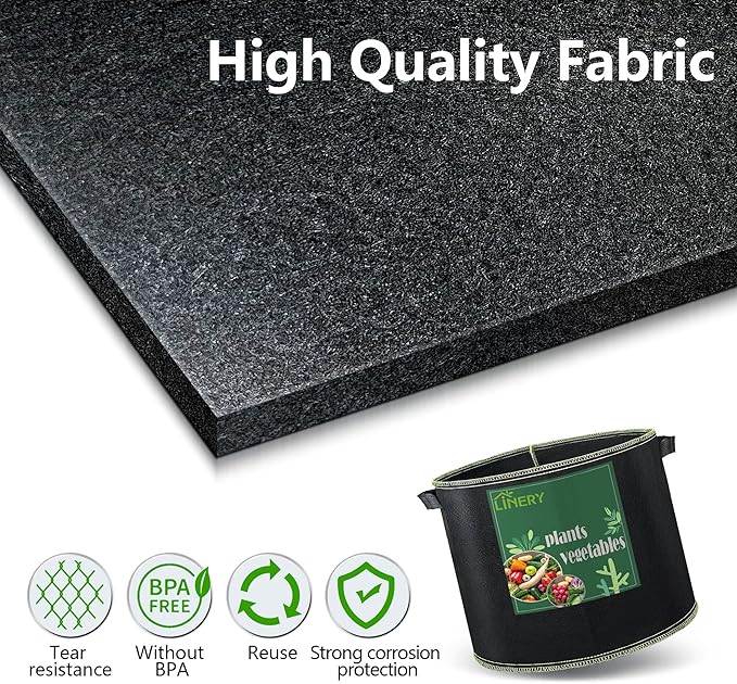 LINERY Planting Bag Black Heavy Duty Thickened Large Capacity Upgrade Hemming Process Grow Bag with Handles Non-Woven Fabric Plant Pots (10-Pack 7 Gallon)