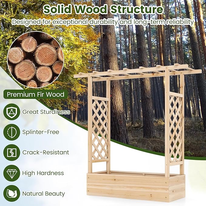 S AFSTAR Raised Garden Bed with Trellis, 2-in-1 Fir Wood Planter Box with Flat Roof & Drainage Holes, Vertical Planter Raised Bed for Climbing Plants, Flowers & Vegetables, 43" x 14" x 45" (Natural)