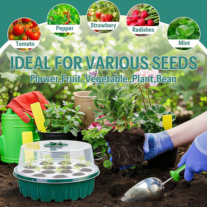 CJGQ 5Sets Seed Starter Tray with Grow Light,13-Hole Round Seedling Box,Elevated Seedling Starter Trays Kits with Adjustable Humidity Domes and Clear Cell Tray for Greenhouse Seeds Growing Starting