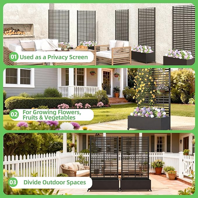 Metal Planter Box with Trellis, 73"x 35"x 16" Raised Garden Bed with Wheels and Drainage Holes, Planter with Trellis for Garden, Balcony and Patio, Black Louvered