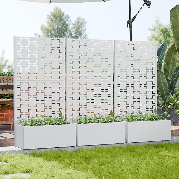Casaphoria Metal Raised Garden Bed with Trellis, 59"x30"x12" Planter Box for Climbing Plants, Vegetables & Vines, Features Drainage Holes and Privacy Screen, White-Square