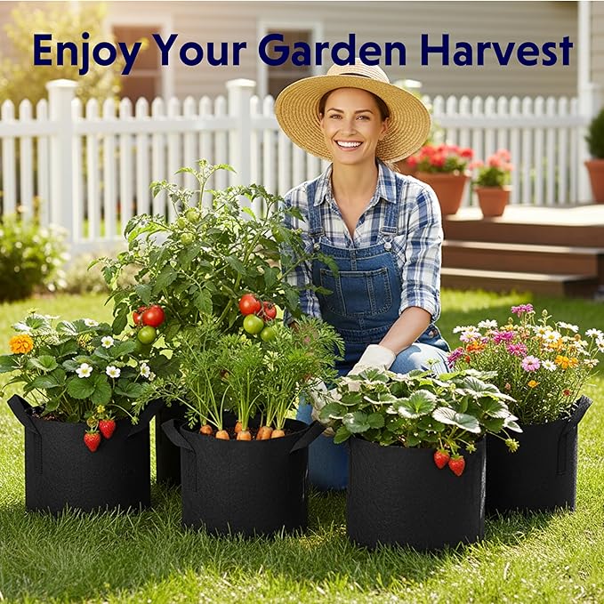 iPower 5 Gallon 10 Pack Grow Bags Nonwoven Fabric Pots Aeration Container with Strap Handles for Garden and Planting, 10-Pack Black, 5 Gallon