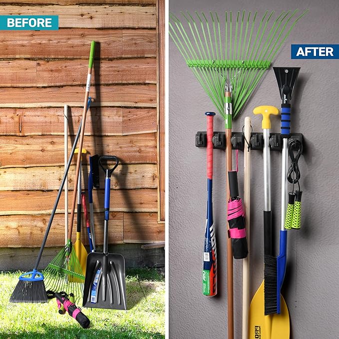 2 Pack Mop and Broom Holder Wall Mount - Garage Storage Organizer with 5 Slots, 6 Hooks, 7.5lbs Capacity Per Slot - Home, Kitchen, Closet, Laundry Room Organization – Black Broom Hanger