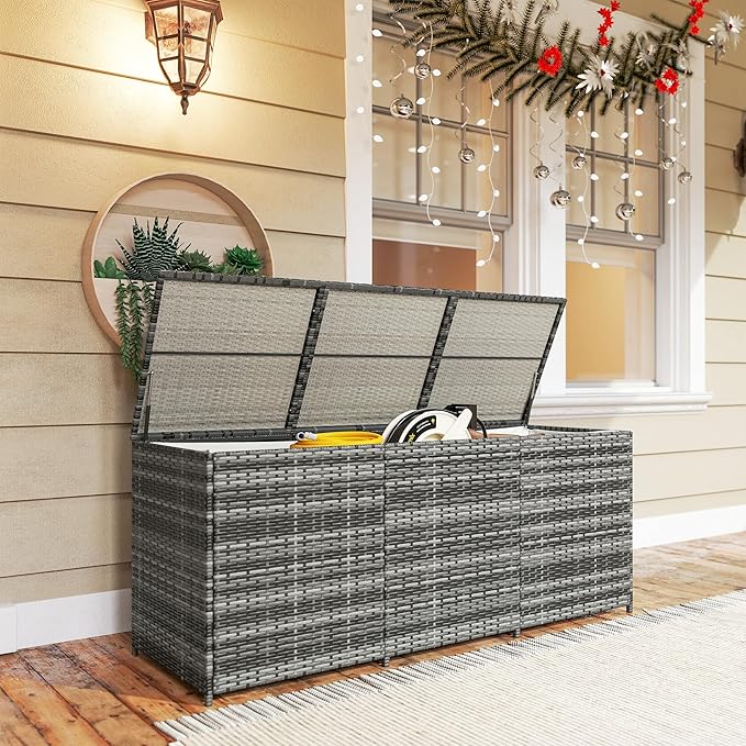 Outsunny 175 Gallon Outdoor Storage Box with Inner Liner, PE Rattan Wicker Deck Box with Pneumatic Bar Lift for Indoor & Outdoor, Patio Furniture Cushions, Pool Supplies, Garden Tools, Mixed Gray